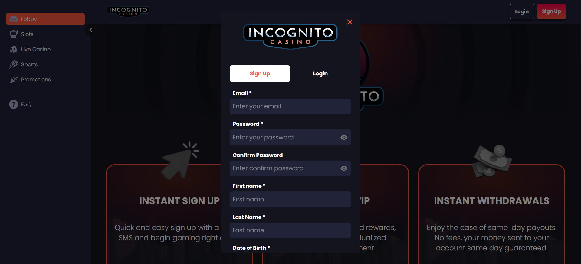 Incognito Casino registration